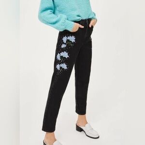Topshop Black Floral Moto High-Rise Mom Jeans